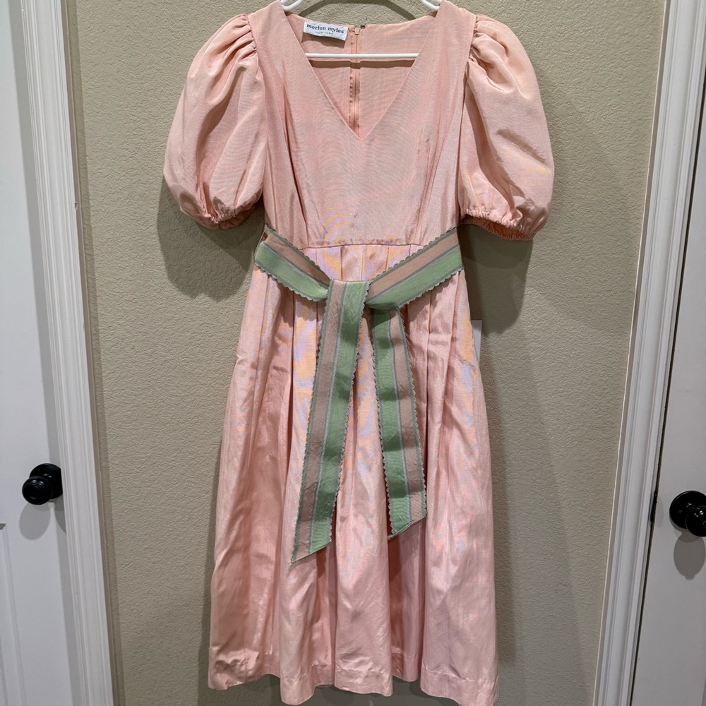 Morton Myles Peachy Pink Dress Sz 8 Vtg Belted Union USA